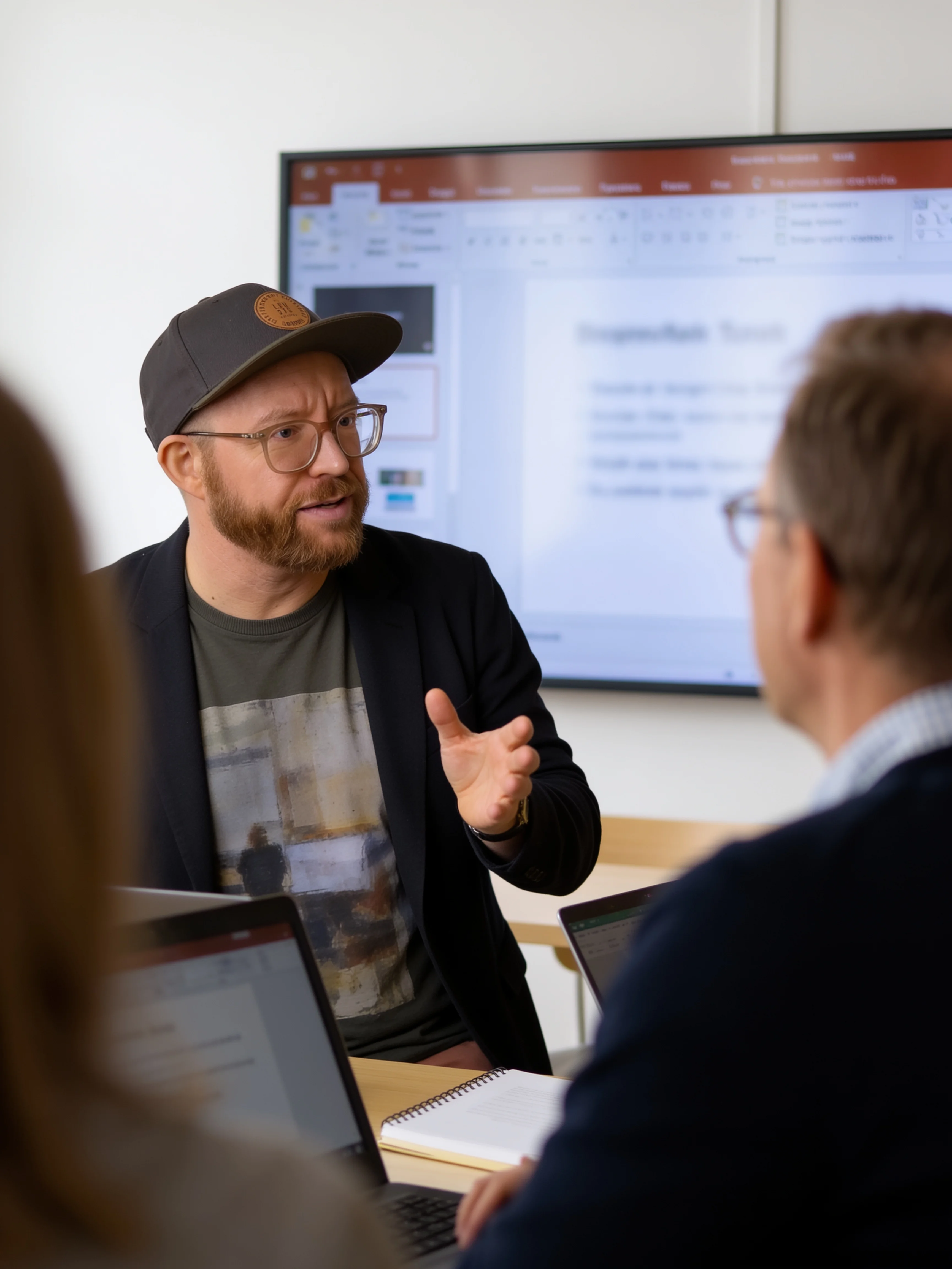 Andreas Bjørn i dialog med deltagere under en AI-workshop